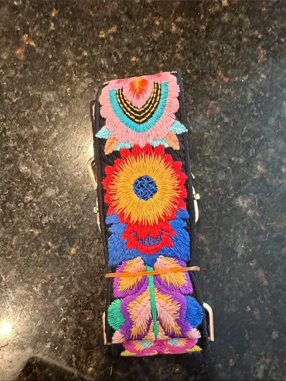 Embroidered Floral Strap - Black with Multicolor Embroidery phone or bag